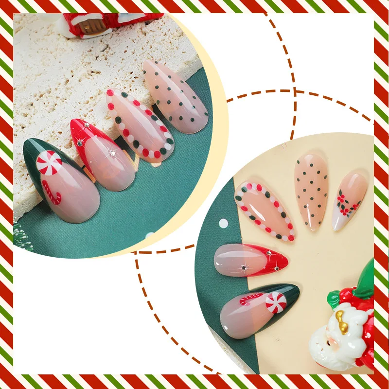 24pcs Christmas Press On Nails Green Red Wave Point French Style False Nail Full Cover Women Girls Almond Fake Nail Patches