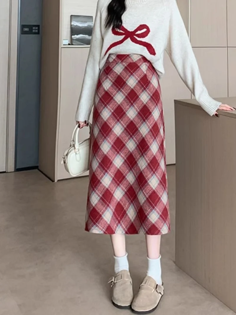 Super Nice Plaid Woolen Skirt ,Women's 2025 Autumn And Winter New Style Large Size Medium Long A-Line Wrapped Hip Skirt w1256