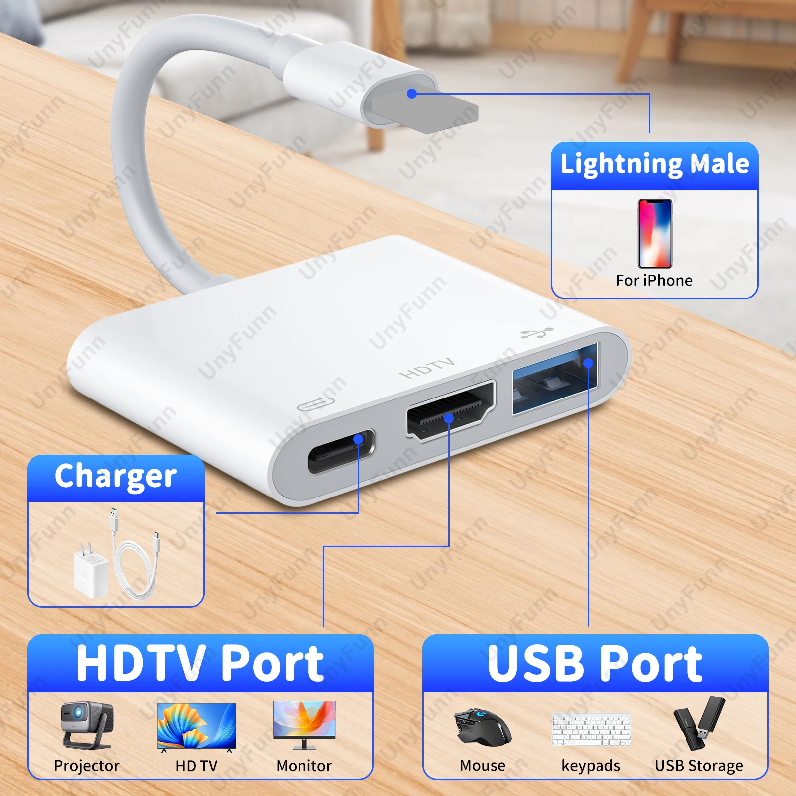 3in1 HDTV Adapter for iPhone with Charging Port iPhone to HDTV OTG Adapter to TV Monitor Projector USB Drive MIDI Keyboard Mouse