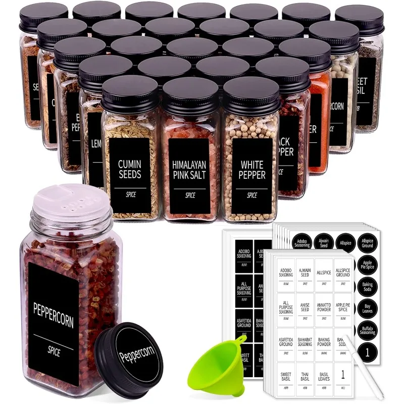 

Churboro 36 Spice Jars with 547 Labels- Glass Spice Jars with Black Metal Caps, 4oz Empty Spice Containers with Shaker Lids, Fun