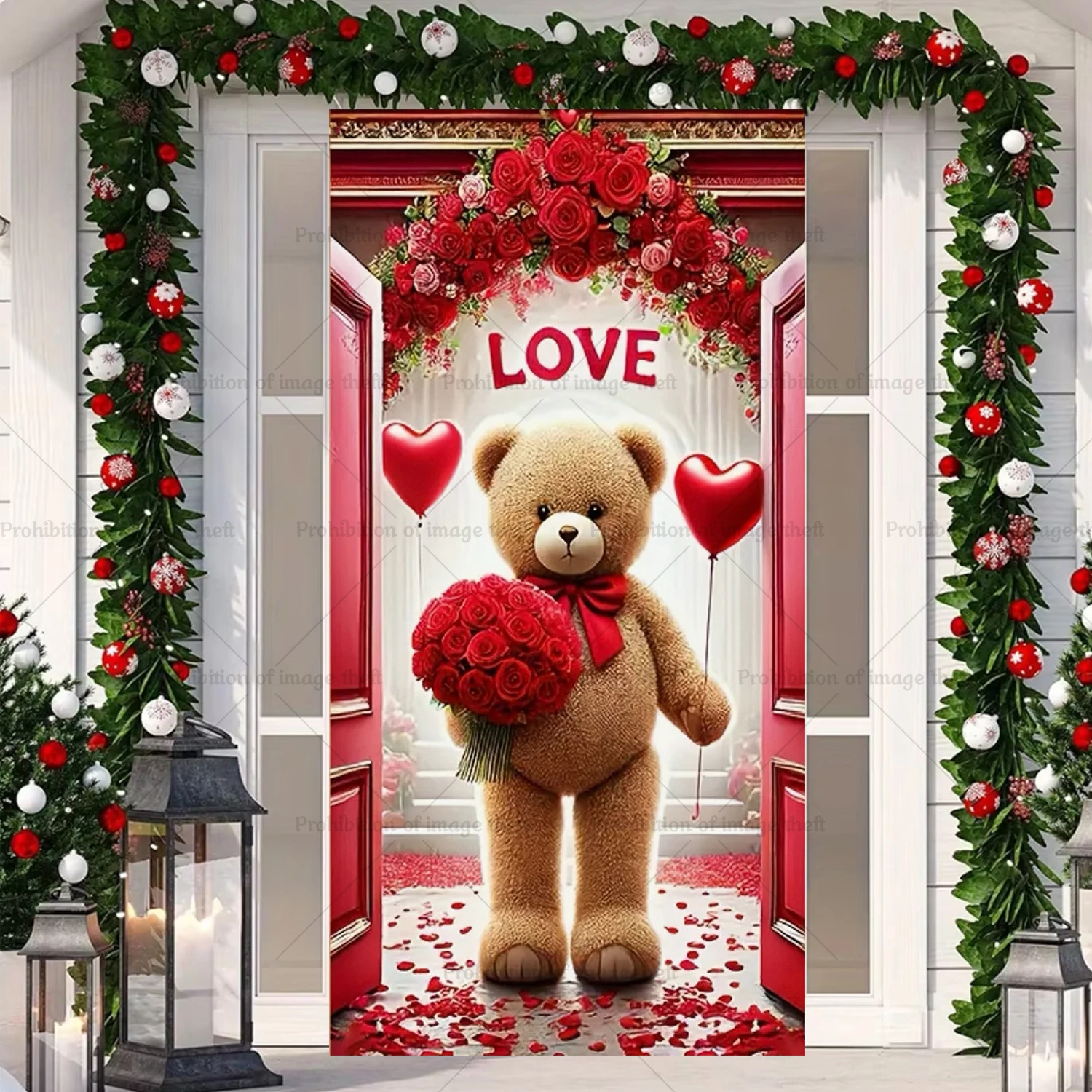 

Cute Bears Theme Background Valentine's Day Dogs Pink Balloon Rainbow Door Cover Party Decoration Poster Outdoor Veranda Banner