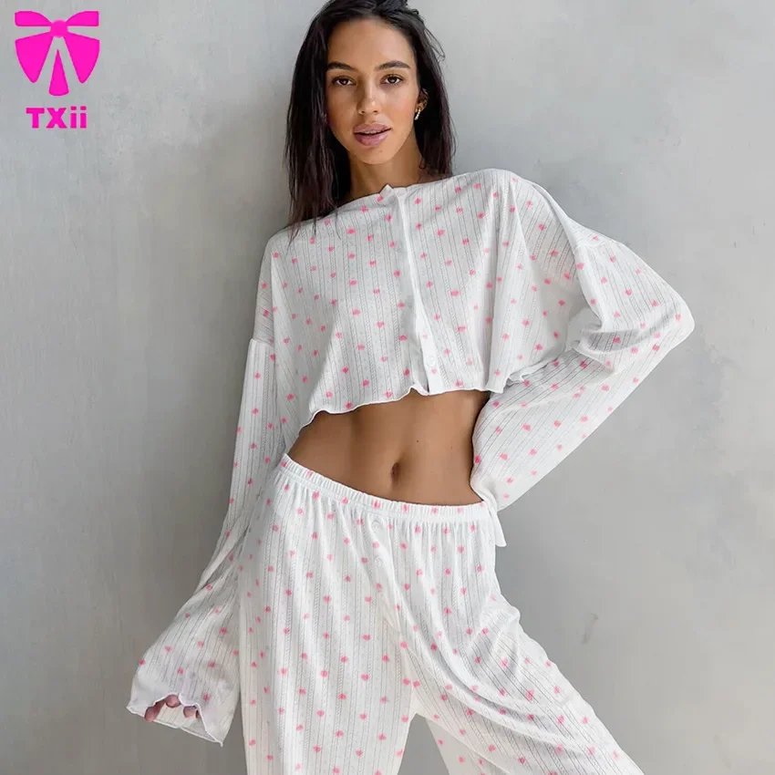 TXii New Knitted Love Printed Long Sleeve Long Pants Nightwear for Women in Autumn, Loose and Comfortable Home Clothes