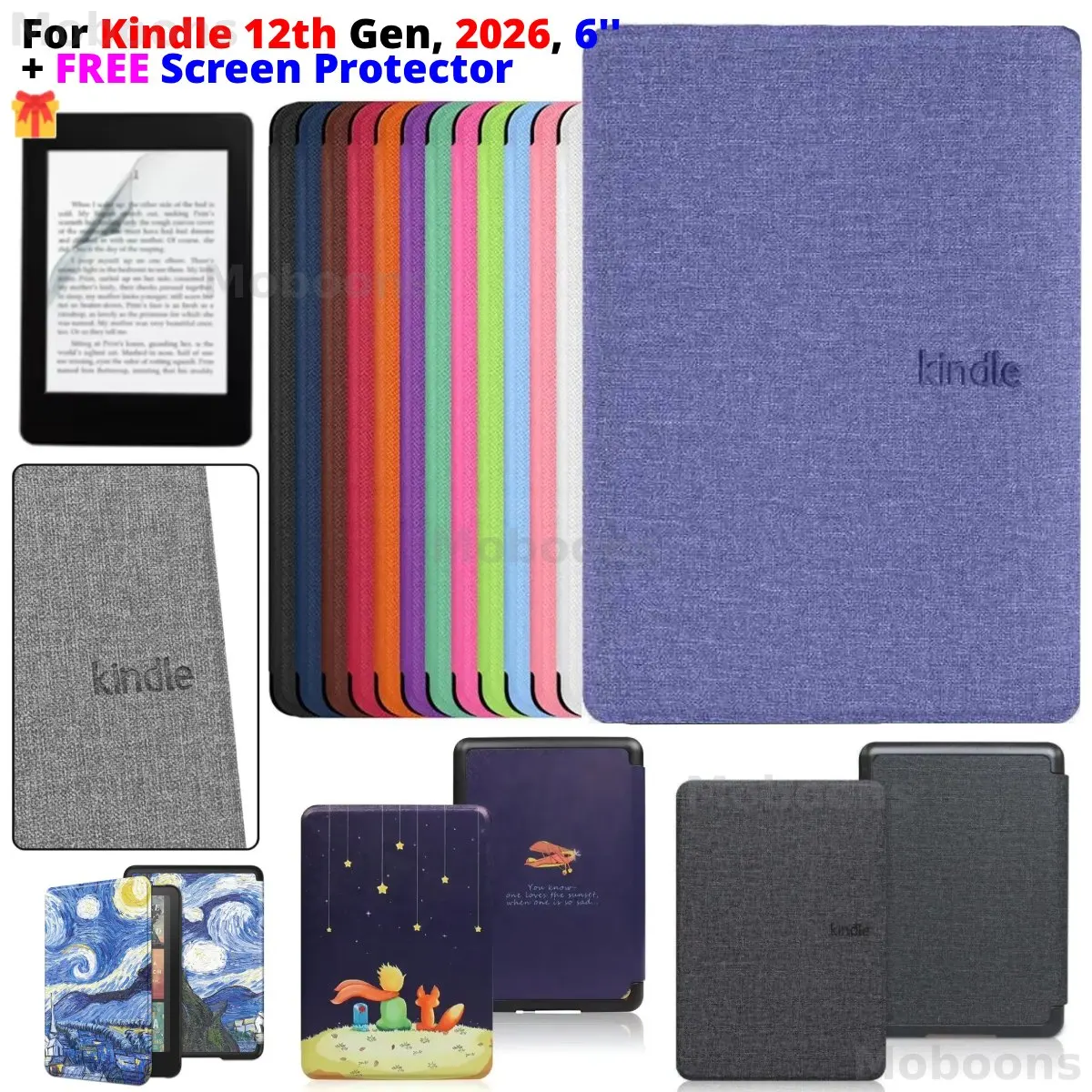 For Kindle 12th Gen 2026 Case + Screen Protector 6'' Z8PC57/LP38MA Kindle 12th Gen Aluminium Wake/Sleep PU Leather Cloth Cover