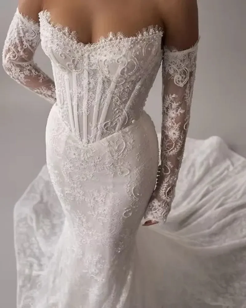 2025 New Arrival Mermaid Wedding Dress Lace Beads 2 In 1 Strapless Full Sleeves Sexy Bride Dresses Bridal Gowns Vestido De Novia