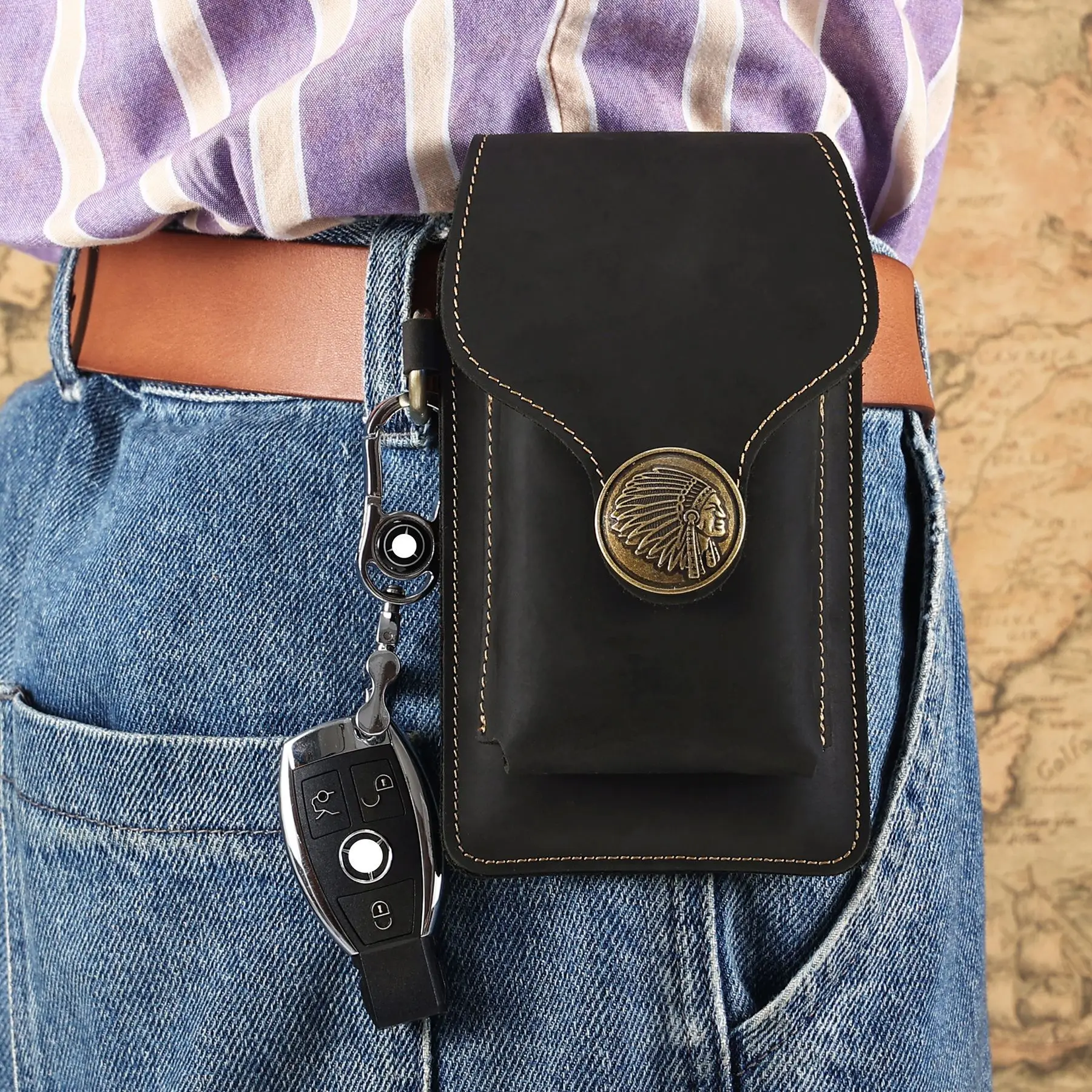 Fanny Waist Bag Men Genuine Leather Belt Bum Leg Hip Packs for Men 6-7.5inch Cell Phone Cigarette Lighter Box Case Outdoor Pouch