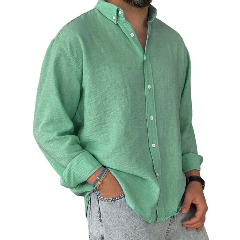 New Shirt Men's Clothing Washed Cotton Button Long Sleeve Men's Shirt