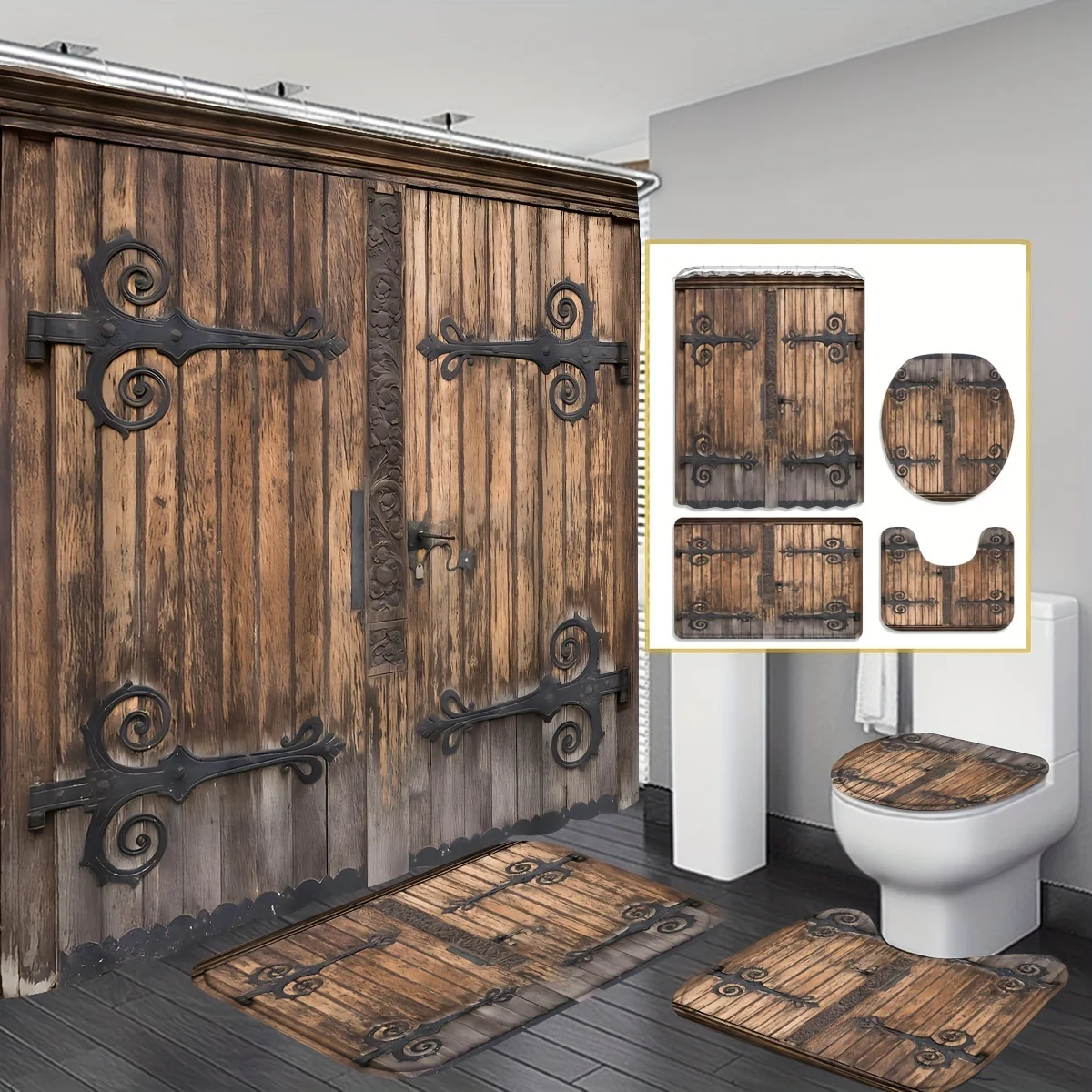 Wooden Door Shower Curtain Set - Waterproof, Woven, Fashion Decor with U/L-Shaped Mats,