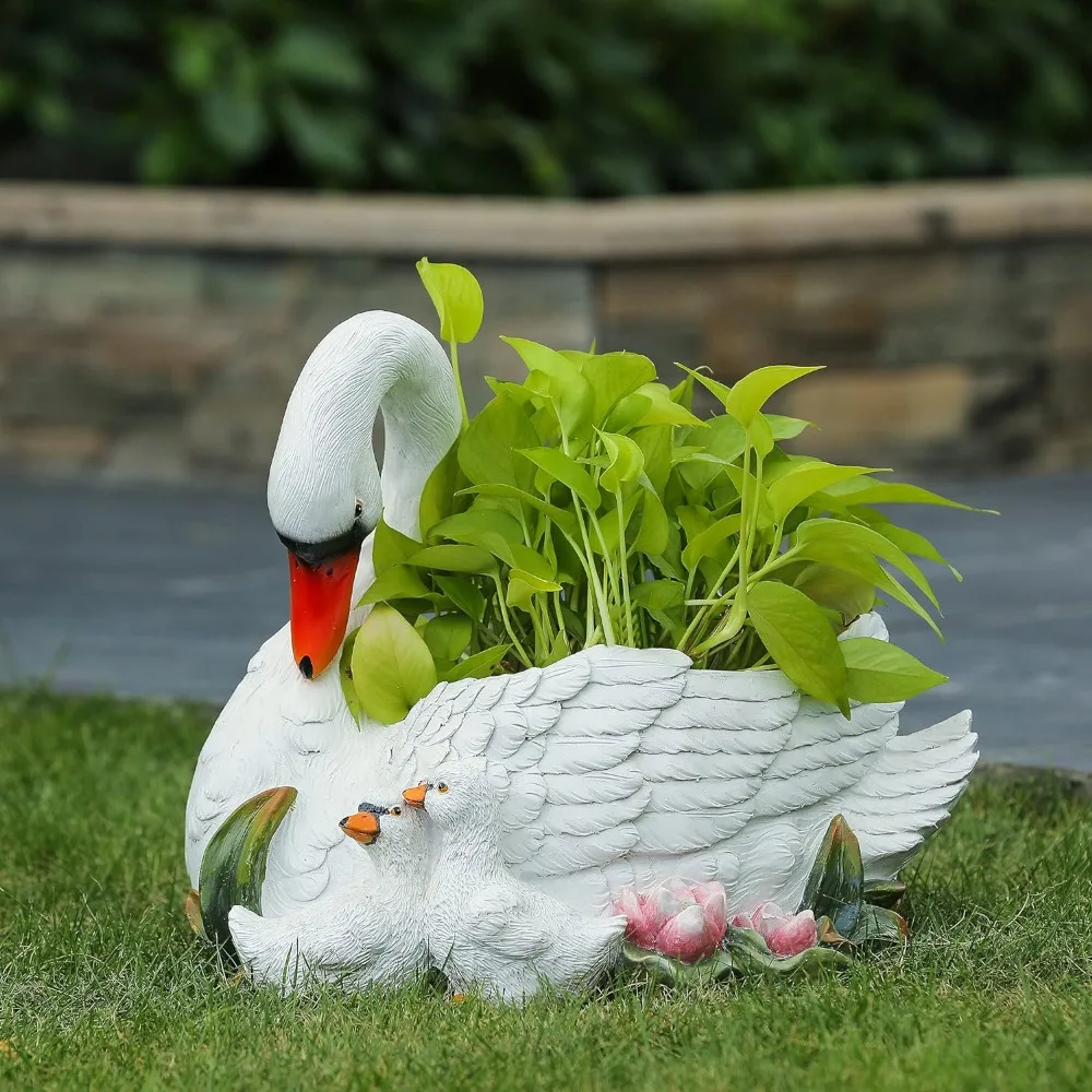 

16" Resin Outdoor Planer, White Swan Planter Pot, Swan Garden Sculpture Flower Pots for Front Porch, Courtyard, Indoor