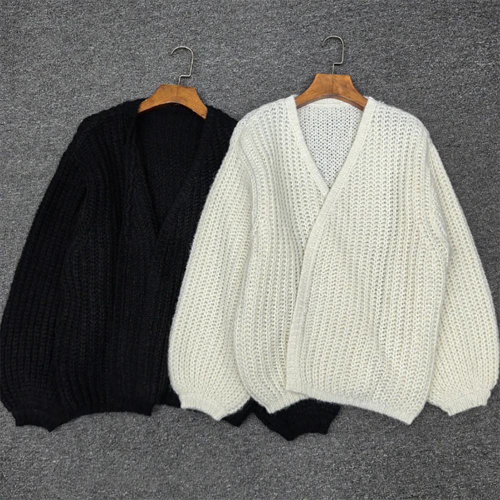 سترة نسائية من مزيج الصوف الموهير، سترة علوية متماسكة كبيرة الحجم مخرمة 2025 خريف/شتاء وصول جديد طراز Y2K #1