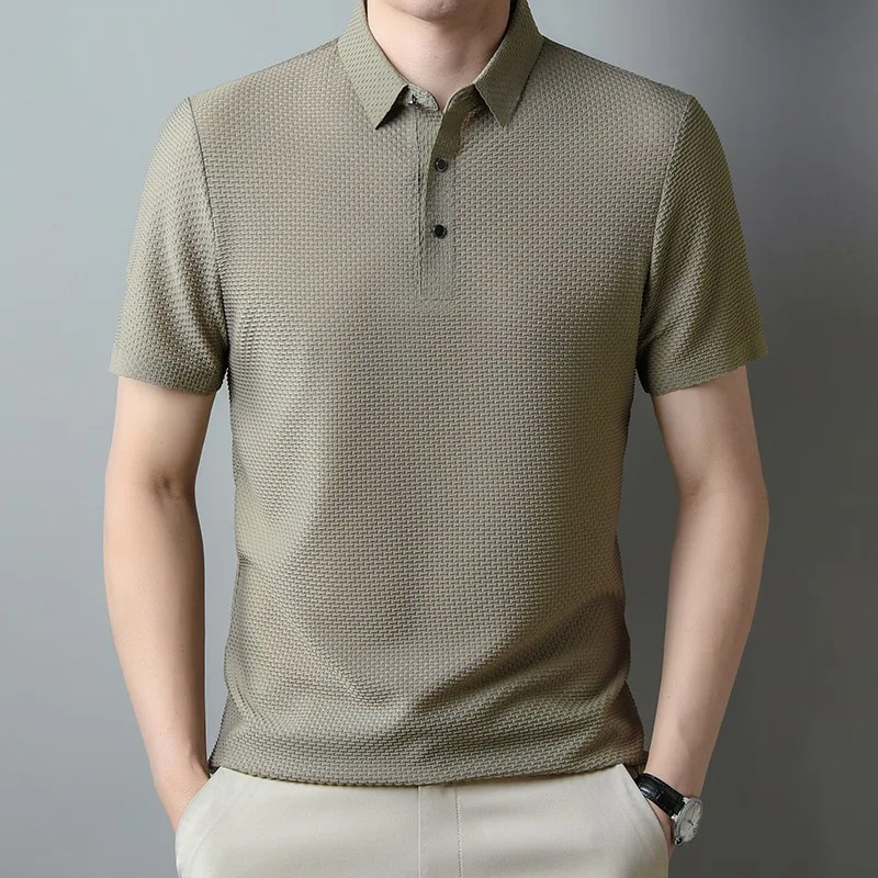 Camiseta de seda de hielo para hombre, Polo de malla transpirable, Color sólido, informal, holgado, cuello vuelto, Verano