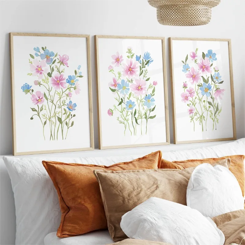 Pink and Blue Flower Watercolor Floral Wildflower Posters and Prints Canvas Printing Wall Art Picture for Living Room Home Decor