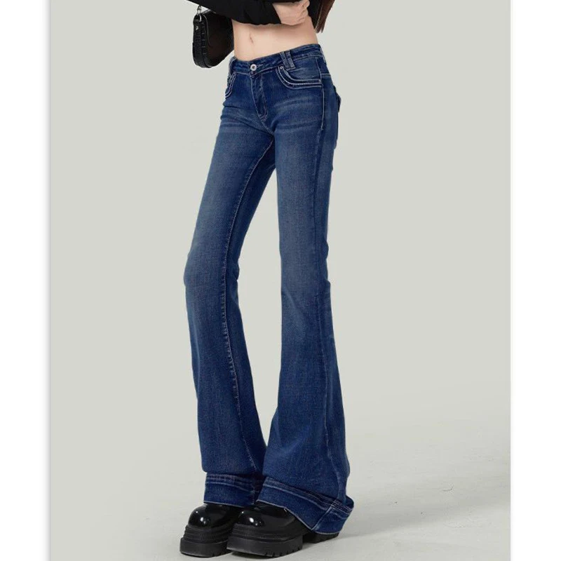 กางเกงยีนส์เอวต่ำทรงขาบานสไตล์เกาหลีสำหรับผู้หญิง แฟชั่นลำลอง ทรงตรง