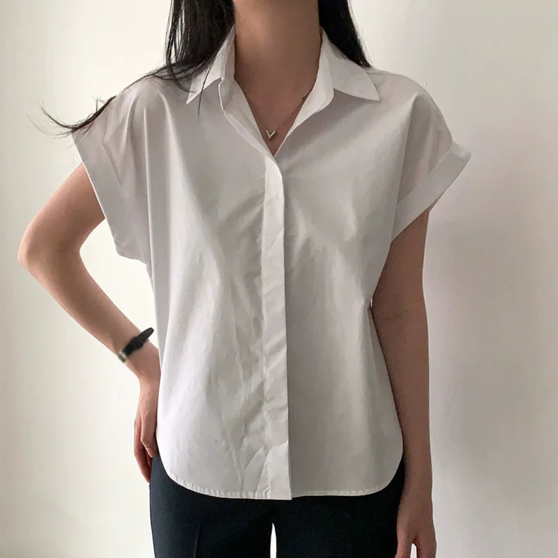 Summer Minimalist Loose Short Sleeved Blouses Lapel Patchwork Button Folds Women\'s Shirt Top