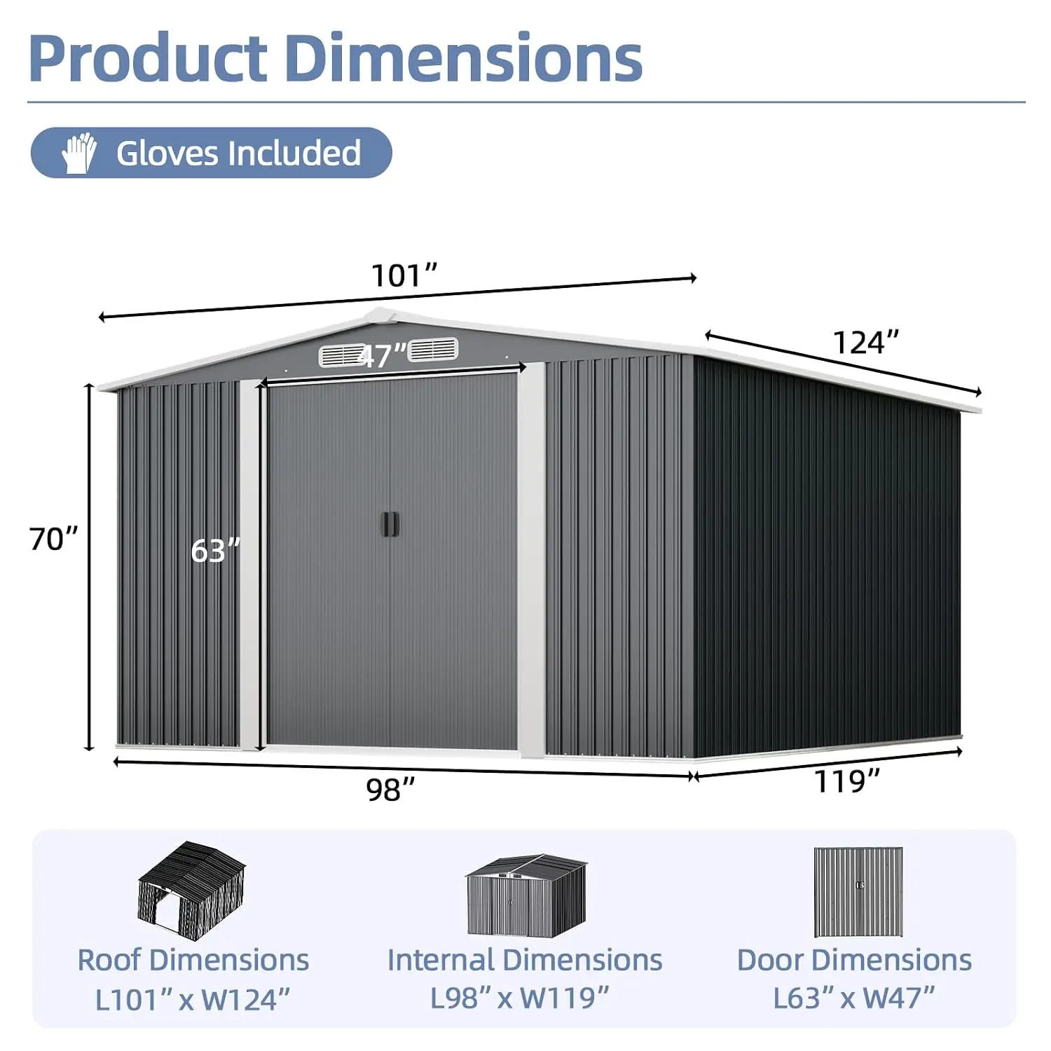 10x8 Metal Storage Shed Outdoor Steel Garden Tool with Sliding Door Large Utility for Backyard Patio Yard Grey, Customized