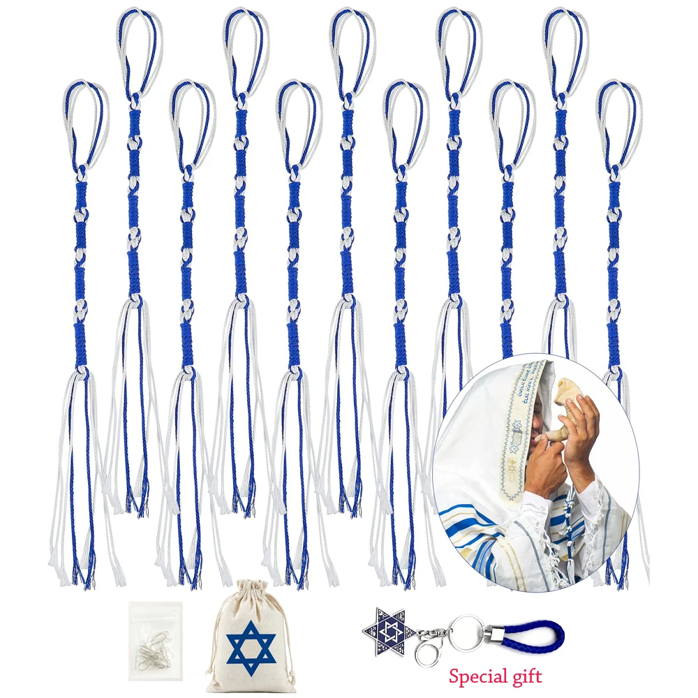 8/16 pièces de franges Tzitzit hébraïques bleues et blanches avec pinces métalliques rapides, attaches pour boucles de ceinture de jean, décoration messianique juive