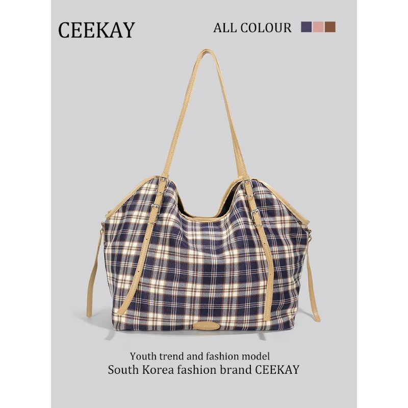 

2026 New CEEKAY Plaid Canvas Tote Bag, Preppy Style Shoulder Bag with Adjustable Strap, Large Capacity Handbag for Women