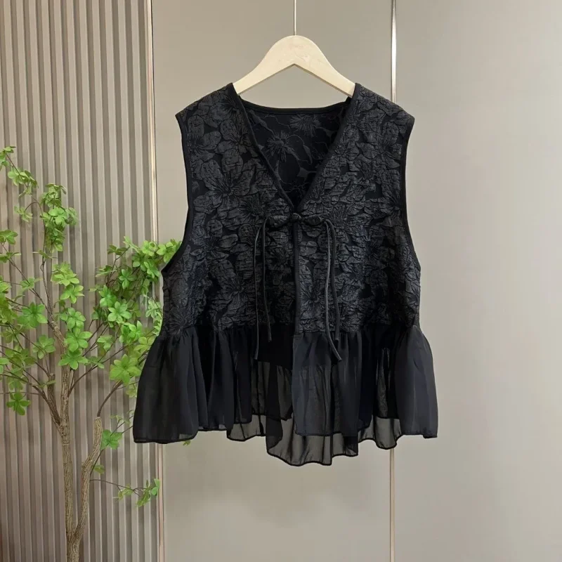 Women Black Floral Jacquard Vest V Neck Tie Front Ruffle Hem Sleeveless Cardigan