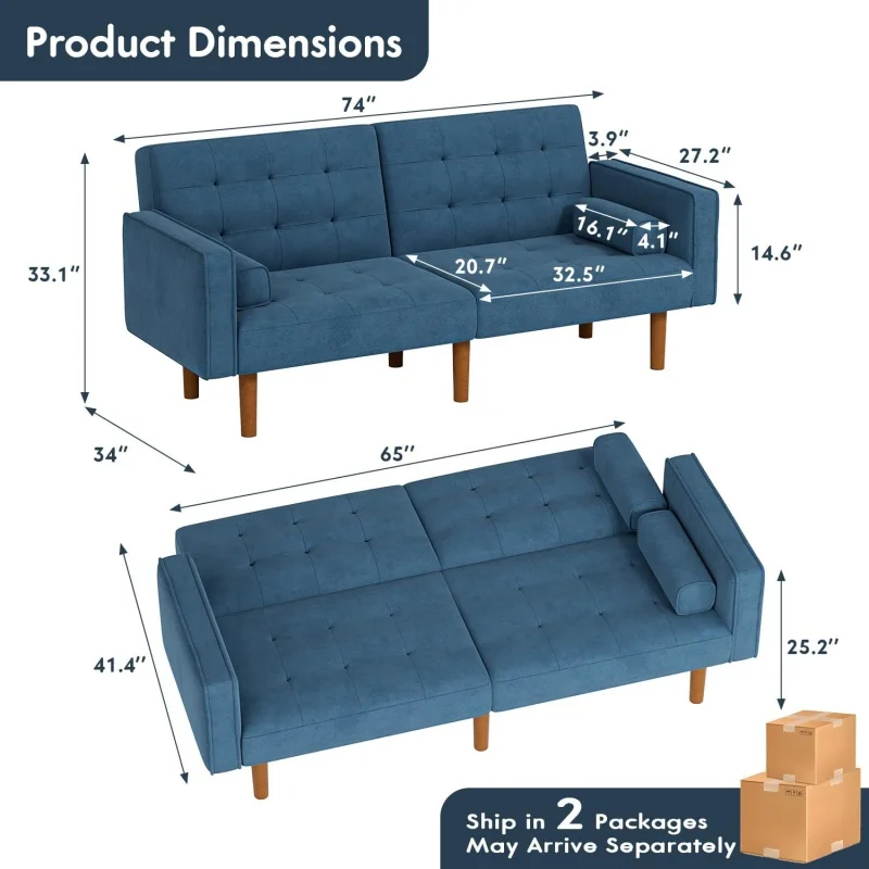 YESHOMY Futon divano letto convertibile divano letto componibile, divanetto Splitback con gambe affusolate, 74 ", piccolo salotto per Living R