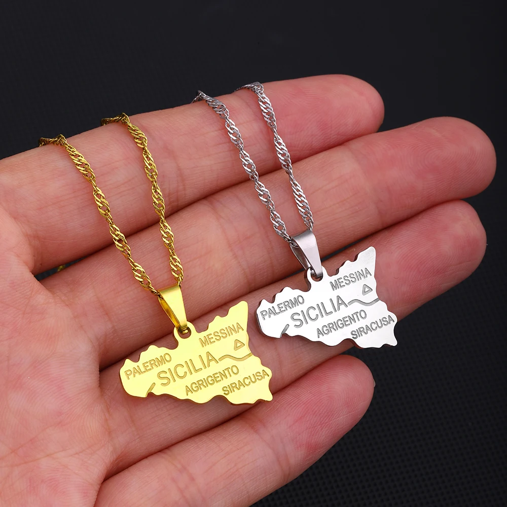 2022 New Italy Sicily Map With City Name Pendant Necklaces Gold Color Italian Sicilia Stainless Steel Jewelry For Women Gifts