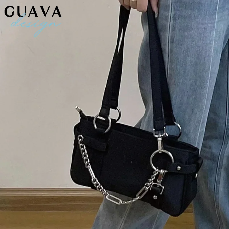 

Нейлоновые модные дизайнерские готические сумки женские 2025 Y2k женские квадратные сумки на плечо дорожные сумки с цепочкой под мышками черные красивые сумки