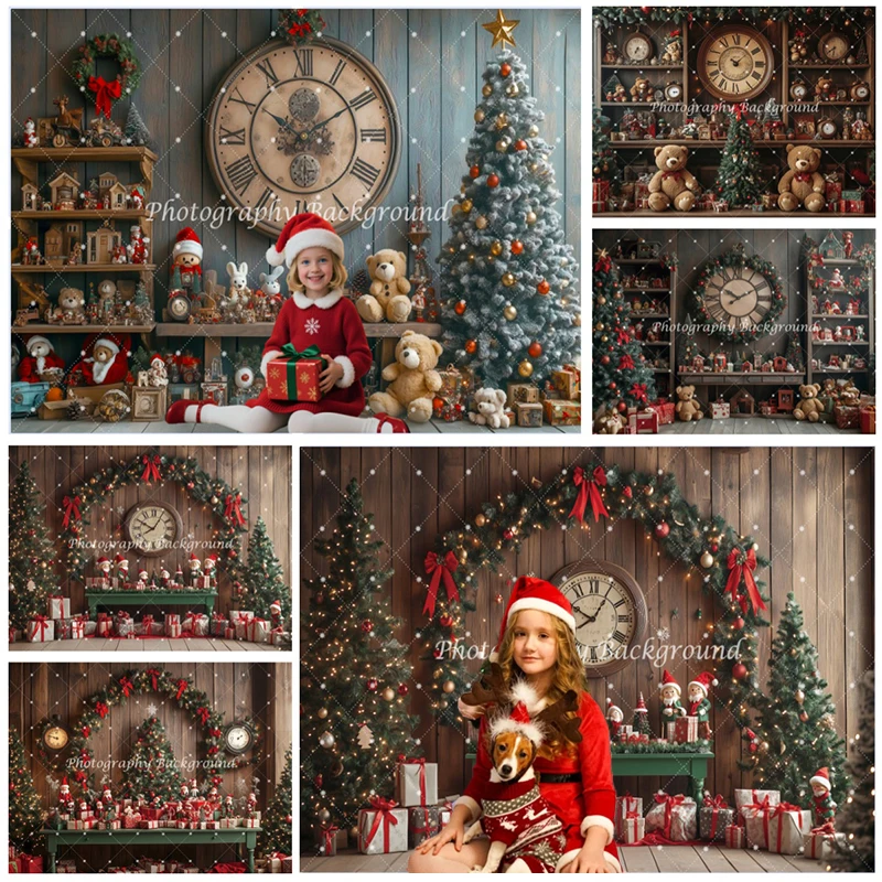 Christmas Vintage Clock Photo Backdrops Teddy Bear Bows Gifts Xmas Trees Wooden Cabinet Family Portrait Photography Backgrounds