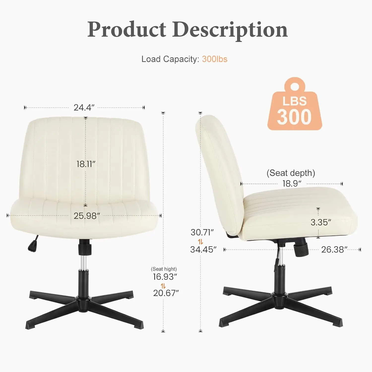 

Cross Chair Legged, Armless Office Wide Desk Chair No Wheels, PU Leather Swivel Vanity Height Adjustable Fabric Modern