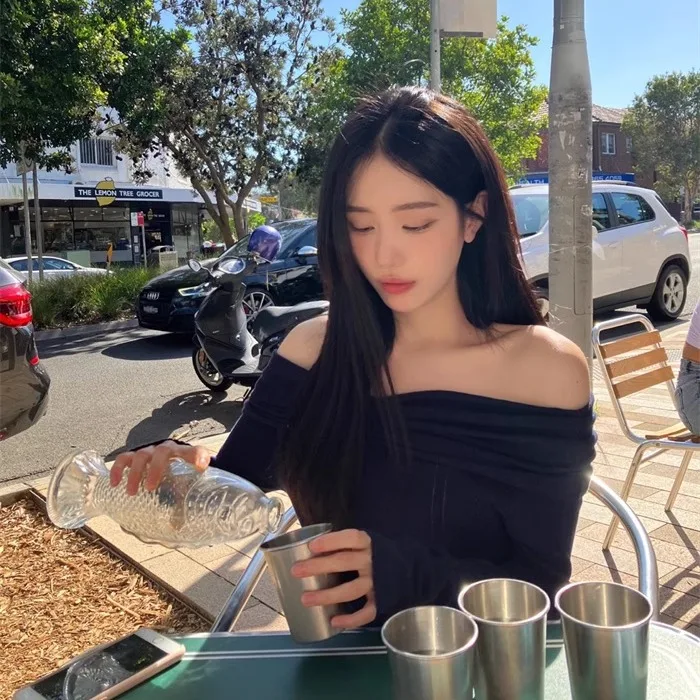 TheBarnet レディース ニット セーター バタフライ ノット ワンショルダー 薄手 スイート スタイル 長袖 ショート丈 オーバーヘッド ドレス