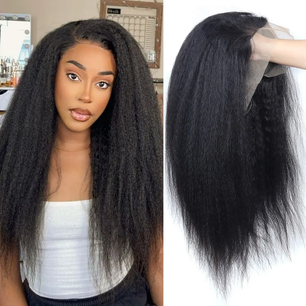 Kinky Straight Lace Front Wigs Human Hair 13x4 Yaki Straight Human Hair Lace Front Wigs Pre Plucked Transparent Wigs 12