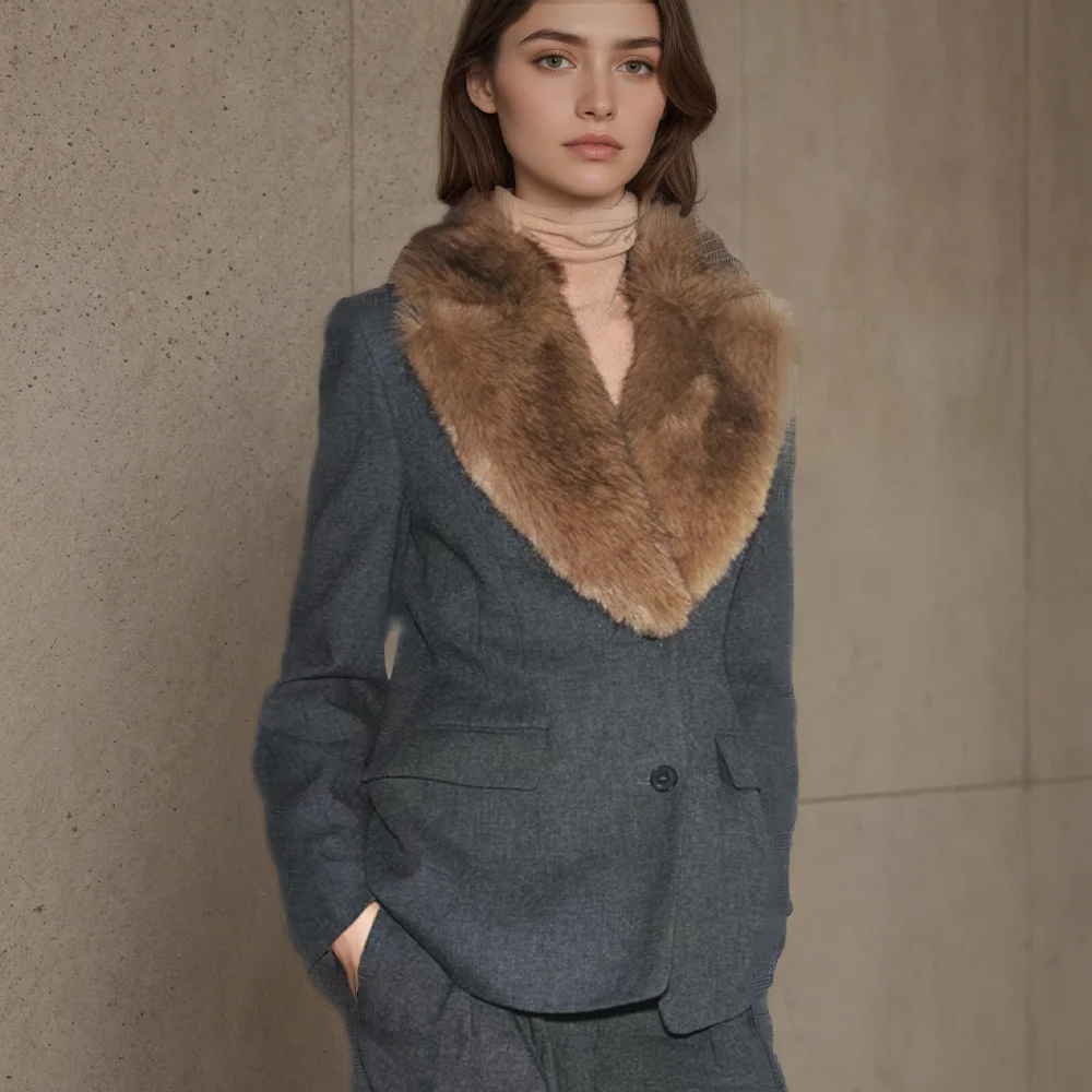 

Winter new women's clothing temperament slim fit design artificial fur effect lapel long sleeved suit jacket