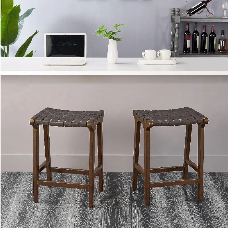 Kitchen Leather Woven Counter Height Barstool with Wood Frame, 24