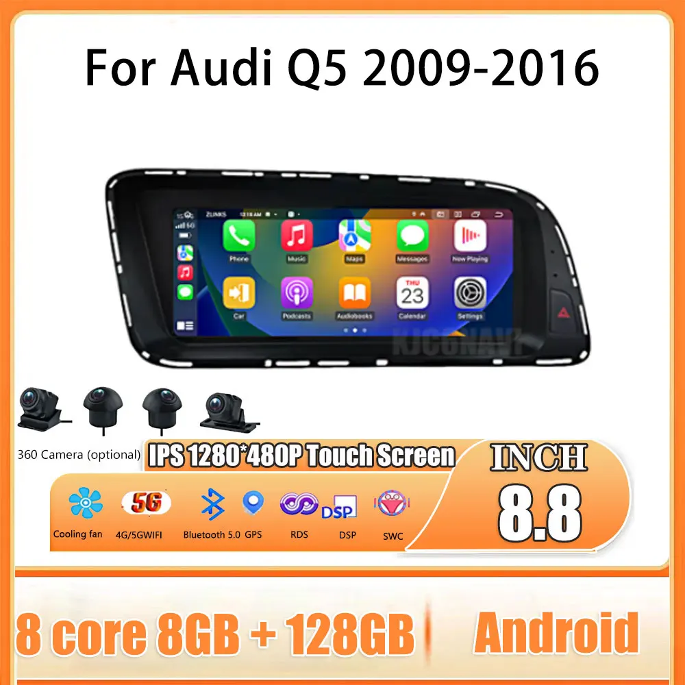 Android 14 Touch Screen para Audi Q5, Acessórios para Automóvel, Auto Carplay, Monitores, Alto-falante Multimídia, Leitor de Rádio, 8.8 polegadas, 2009-2016