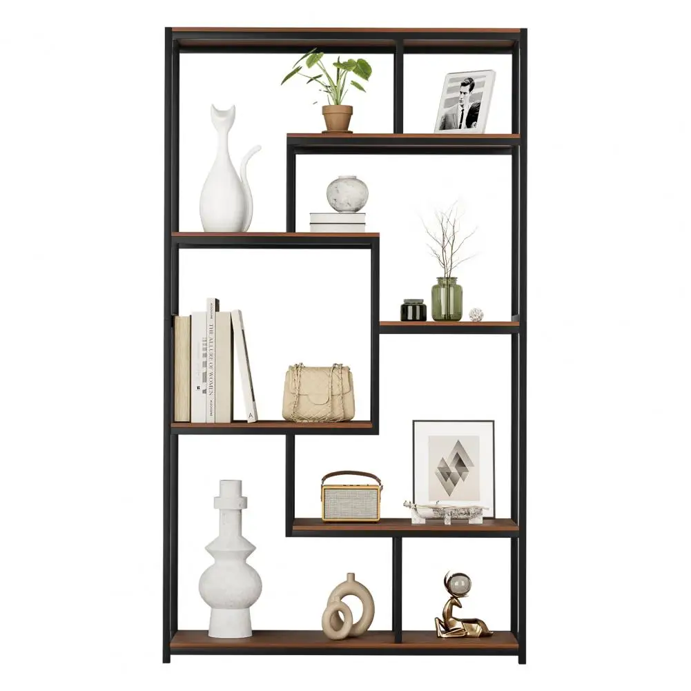 Tiered Freestanding Floor Display Shelf, Wood And Metal Corner Etagere Bookcase for Tea Room, Living Room, Ebony