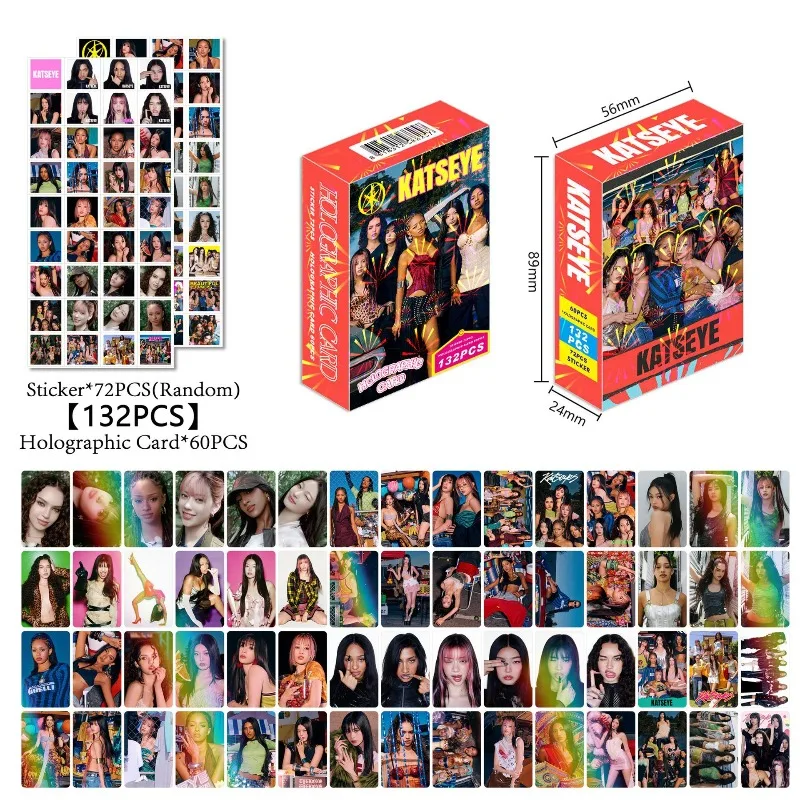 2025Cartas láser 132 de venta caliente, pegatina de tarjeta de colección de estrellas KATSEYE, caja de tarjeta flash LOMO de doble cara