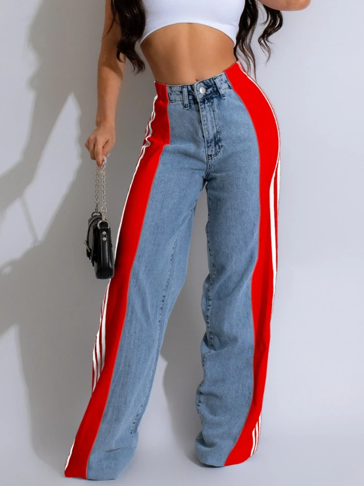 XIZOU Side Stripe biru Baggy Jeans untuk wanita 2024 Fashion Retro Streetwear Y2k celana Jeans kaki lebar wanita Denim pinggang tinggi