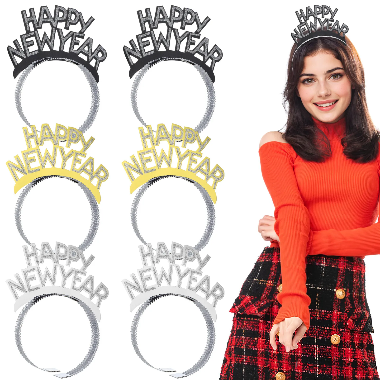 12Pcs Aluminum Foil Hair Hoops Happy New Year Headband Sparkling Party Decorations for Family Celebration Hair Hoops