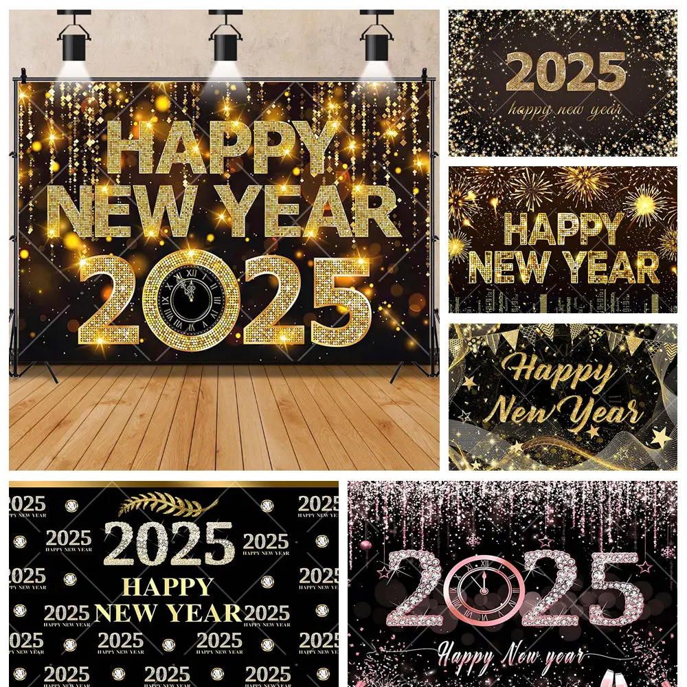 

2025 Happy New Year Eve Custom Photography Background Fireworks Clock Golden Balloon Celebrate Party Family Poster Photo Studio