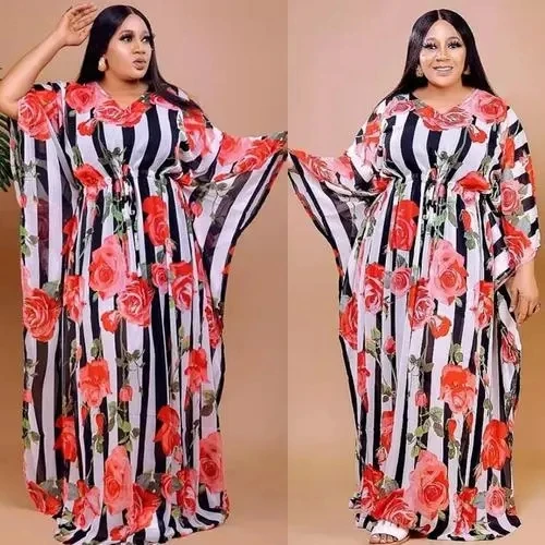Bobo African Dresses For Women V-collar Long Sleeve Maxi Femme Vestidos Kaftan Flowers Print Stripe Summer Design Robe Gowns