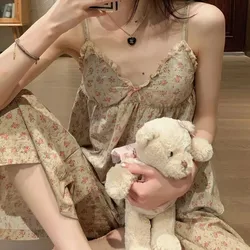 Pure Desire V-Neck Floral Print Chemise Nightgown Women's Summer New Sweet Long Pants Home Clothes Set with Chest Pad