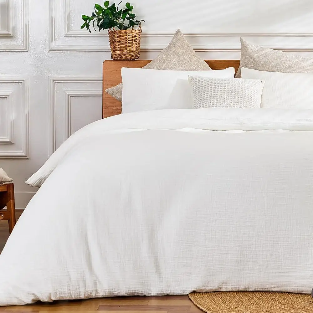 Soft Cotton Queen Duvet Cover Set 3 Pieces Sandwashed Breathable Fabric Zipper Closure Corner Buttons Eco-Friendly Reusable