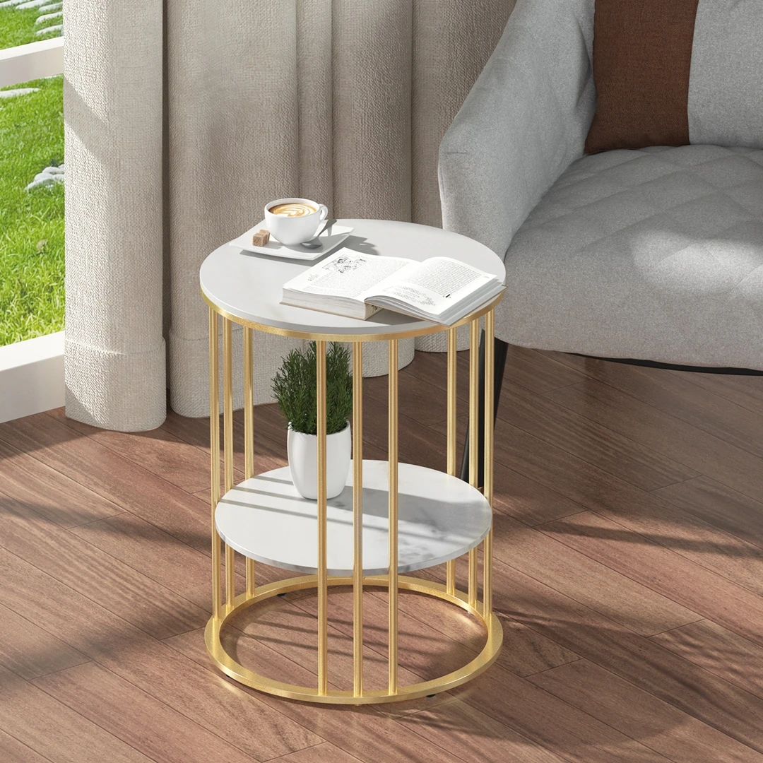 Modern Round Tier Storage Side Table with Sintered Stone Tabletop & Gold Metal Frame - Versatile End Table for Living Room