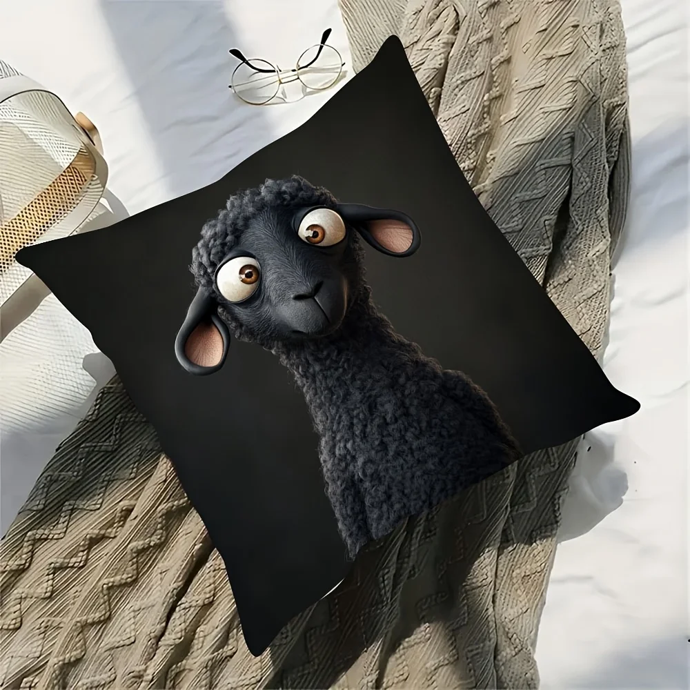 Black Sheep Cartoon Double-Sided Decorative Pillowcase, Cute Animal Character Cushion Cover for Sofa Bedroom Home Decor