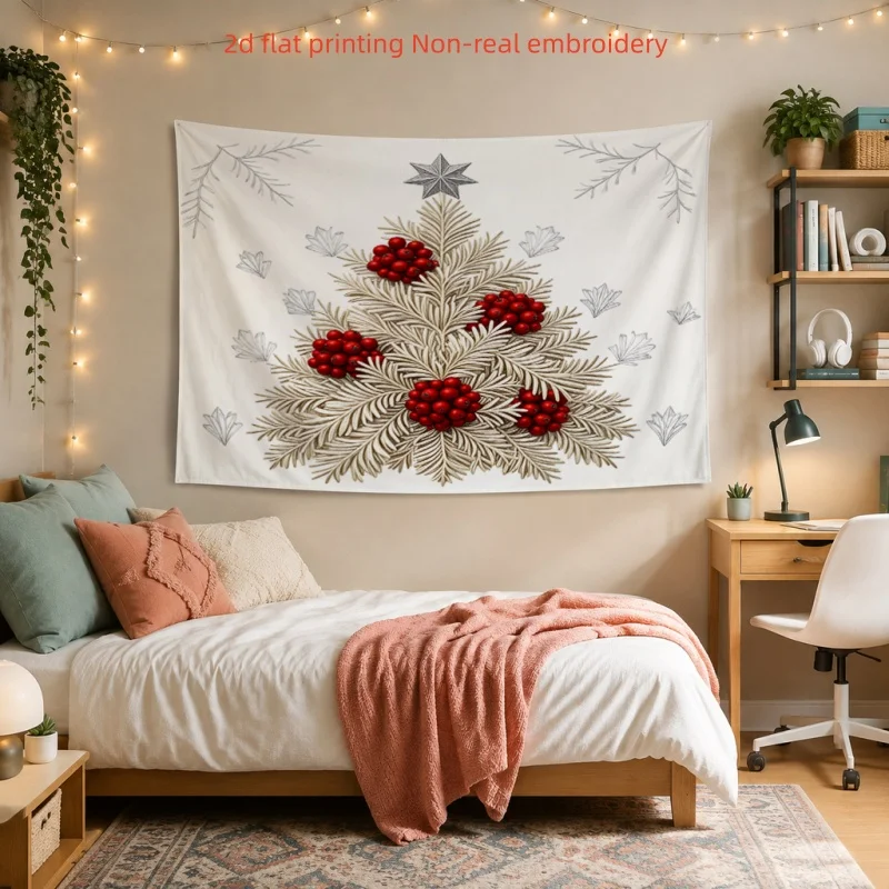 2D Flat,1pc Printed Tapestry, White Christmas Tree with Red Berries Pattern, Holiday Wall Decor, for Living Room,Bedroom