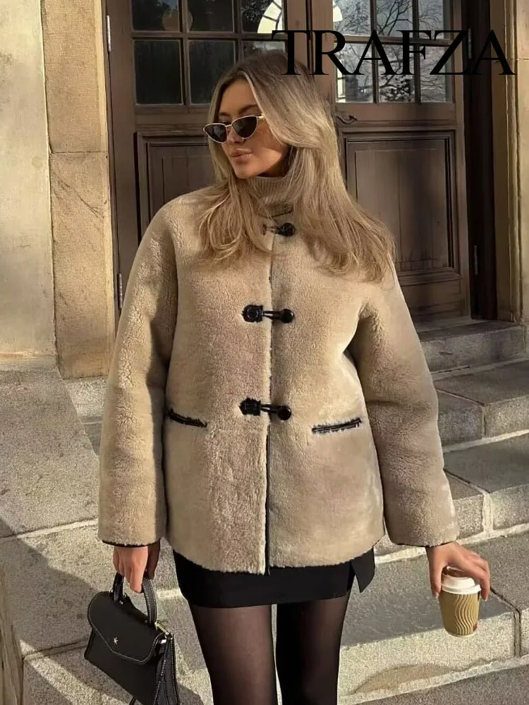 

TRAFZA Women Winter Fashion Faux Fur Lambswool Coat Female Simple Casual O-Neck Pockets Street Long Sleeve Short Coat Streetwear