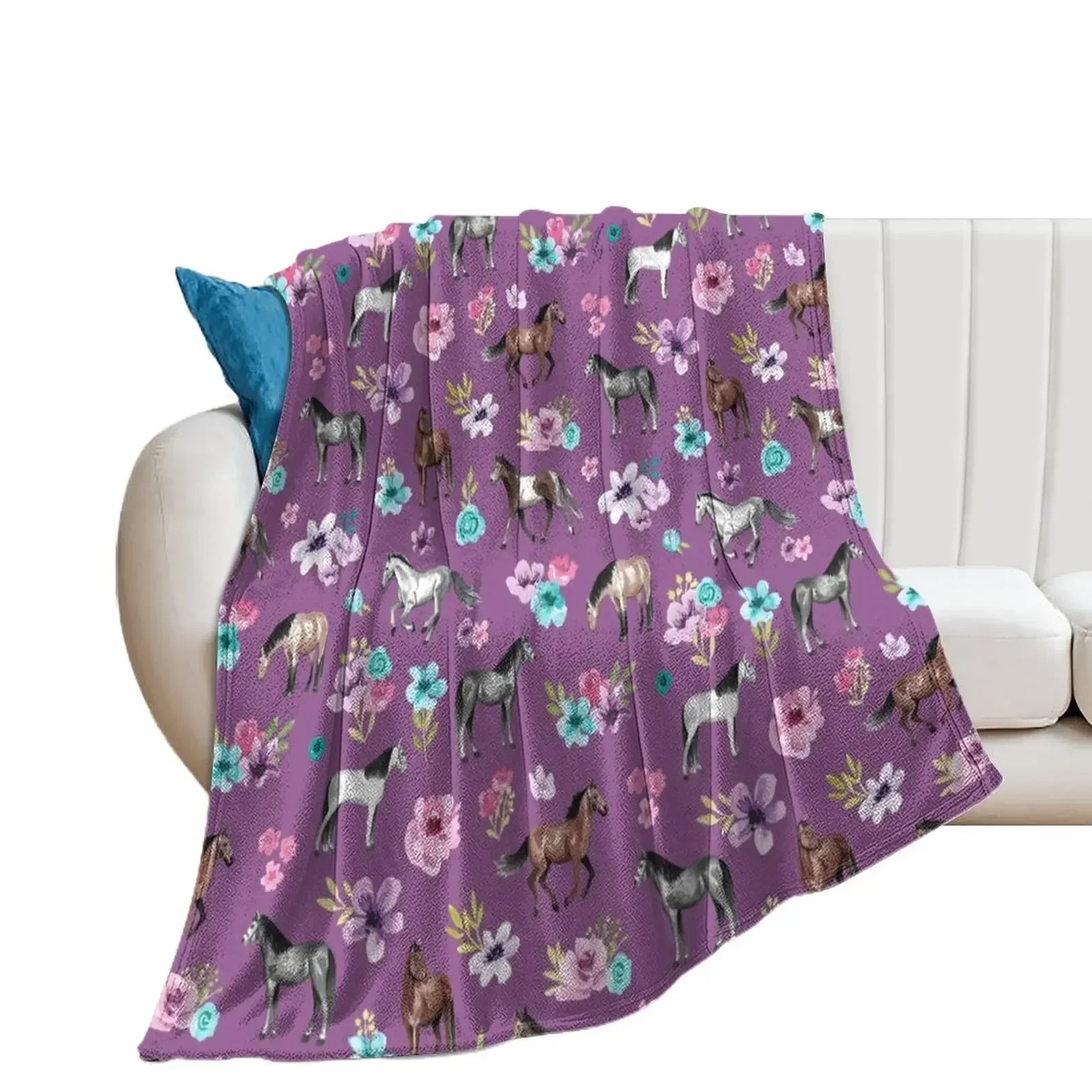 

Horse Pattern, Floral Print, Horse Love, Wild Horses and Flowers, Purple Throw Blanket For Decorative Sofa Travel Blankets