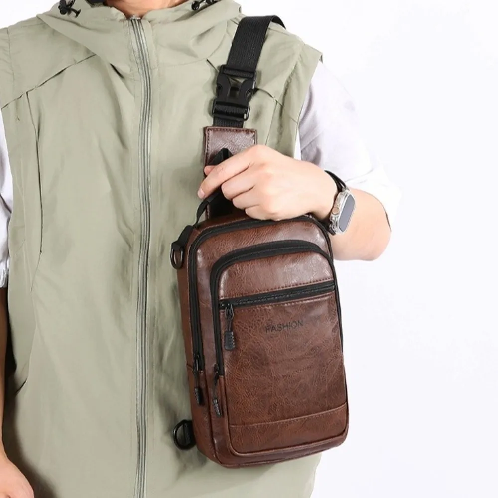 بو الجلود الرجال حقيبة الصدر جيوب متعددة متعددة متعددة الوظائف حقيبة كتف حبال حزام قابل للتعديل بلون الذكور حقيبة كروسبودي #3