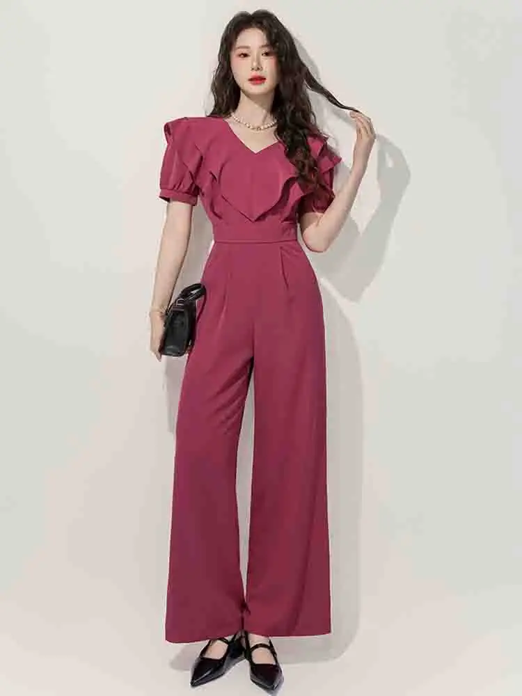 

Temperament Elegant Ruffles V-Neck Playsuits Summer Women Short Sleeve Slim High Waist Office OL Wide Leg Jumpsuits Romper