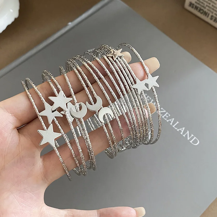 16 Pcs/set Multi-layer Silver Color Round Bangles Star Moon Charms Bracelets for Women Y2K Stackable Wrist Jewelry Club Party K