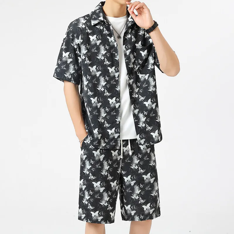 

New Summer Men Sets Butterfly print Lapel Short Shirts Shorts Two-Piece Suit Casual Loose Fashion Streetwear set