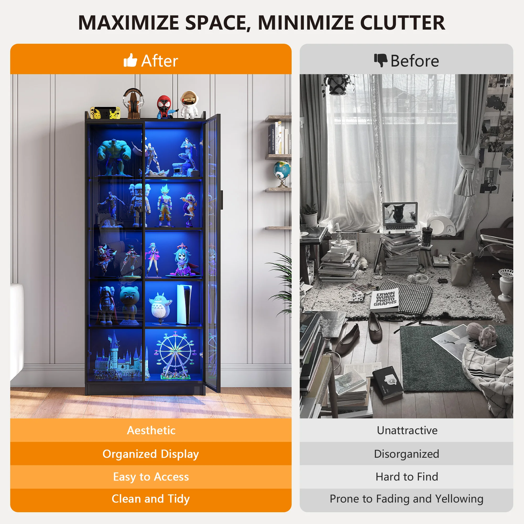 JDPAG Display Cabinet with Doors and Adjustable Shelves, 65" Tall Bookcase with LED Lights/Human Sensor