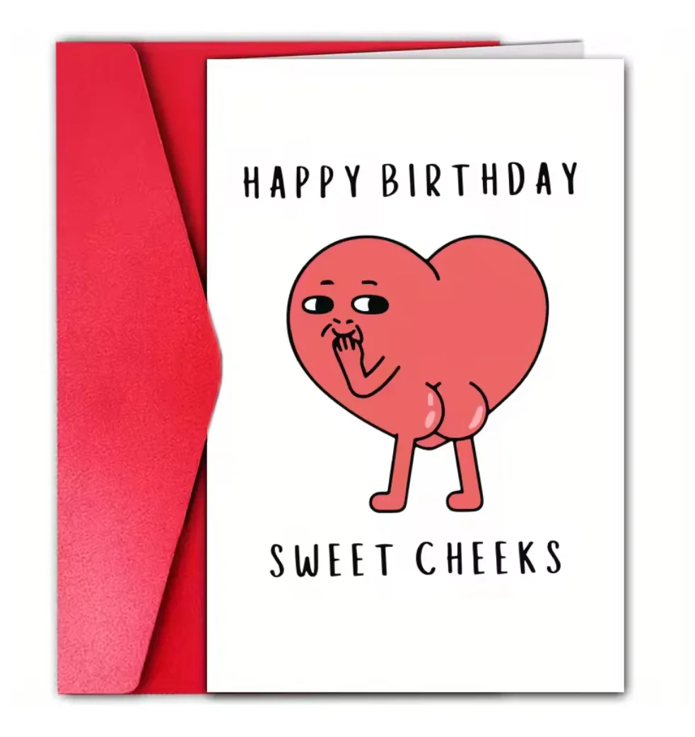 Lustige Geburtstagskarte "Happy Birthday Sweet Cheeks" mit frecher Herzfigur-Illustration
